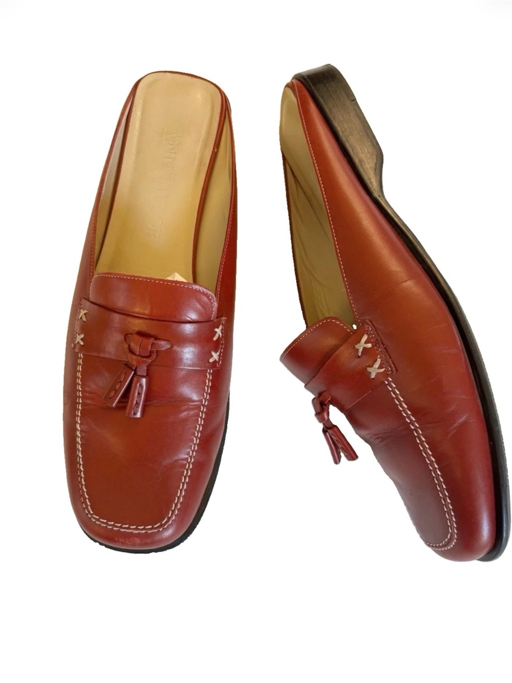 Ann Taylor Women's Red Leather Tassel Backless Loafers